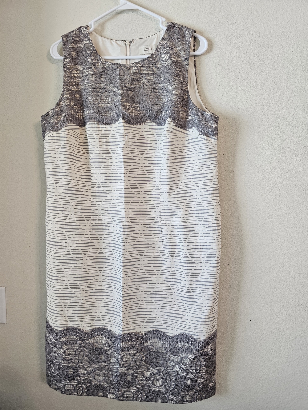 LOFT White Shift Dress with Gray Lace Overlay